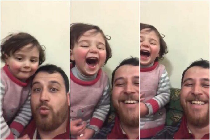 (Video) Como si se tratara de un juego, así un padre logra que su hija ría cada vez que cae una bomba en Siria
