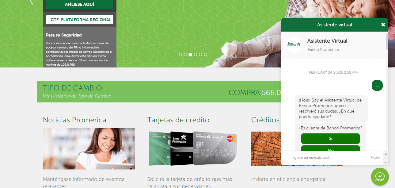 Nuevo Asistente Virtual forma parte del Banco Promérica en su página web