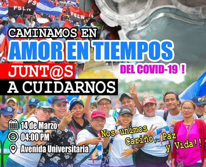 Coronavirus: Nicaragua convoca a masiva marcha “el amor en tiempos del COVID-19”