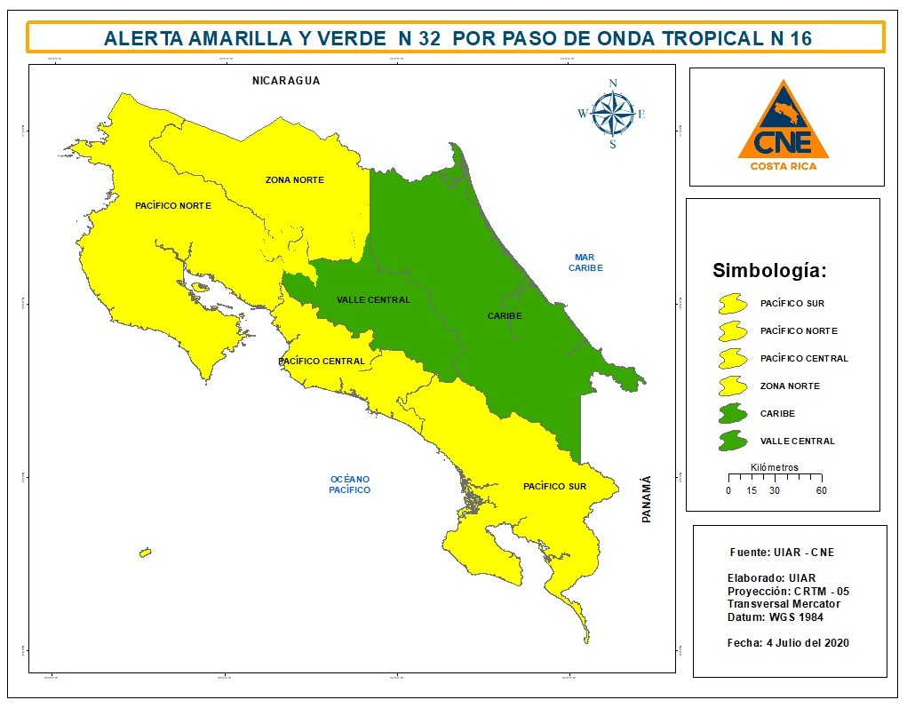 CNE declara alerta amarilla en varias zonas del país por paso de onda tropical