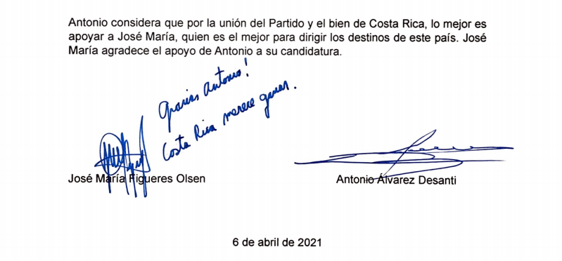 Antonio Álvarez firma acuerdo con José María Figueres y da su apoyo al expresidente