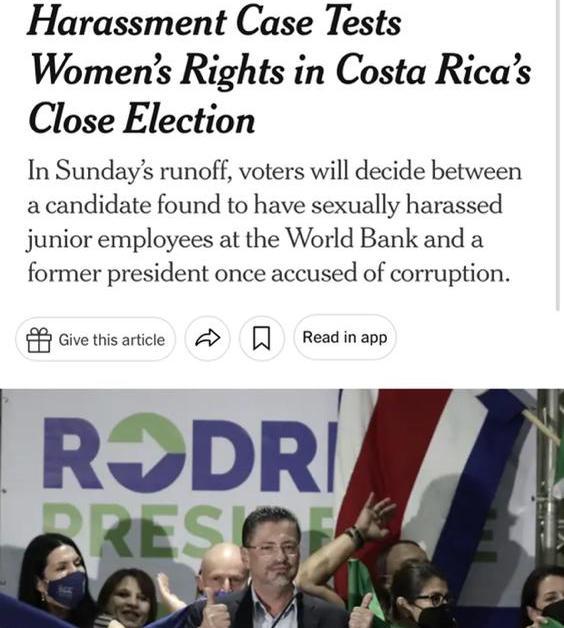 New York Times: “Caso de acoso pone a prueba derechos de las mujeres en reñidas elecciones en Costa Rica”