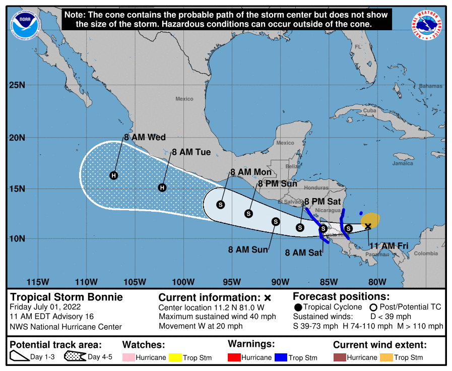 Tras pasar por Costa Rica y Nicaragua Bonnie se fortalece y podría llegar a México como Huracán