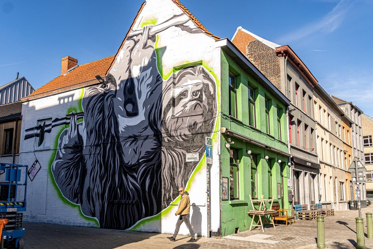 Enorme perezoso de Costa Rica quedó plasmado en un mural en una ciudad de Bélgica